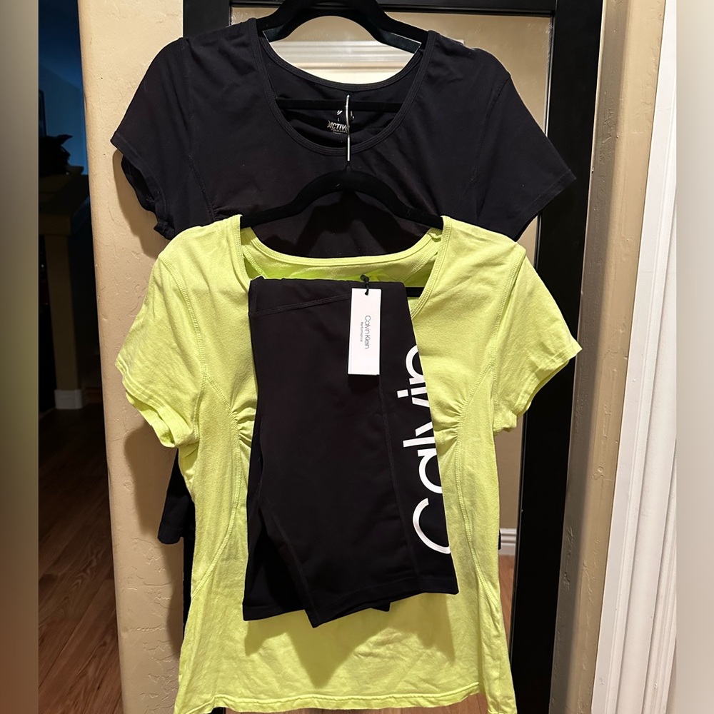 Calvin Klein Black Bike Shorts with Neon Green Waist and 2 Matching Stretch Tees